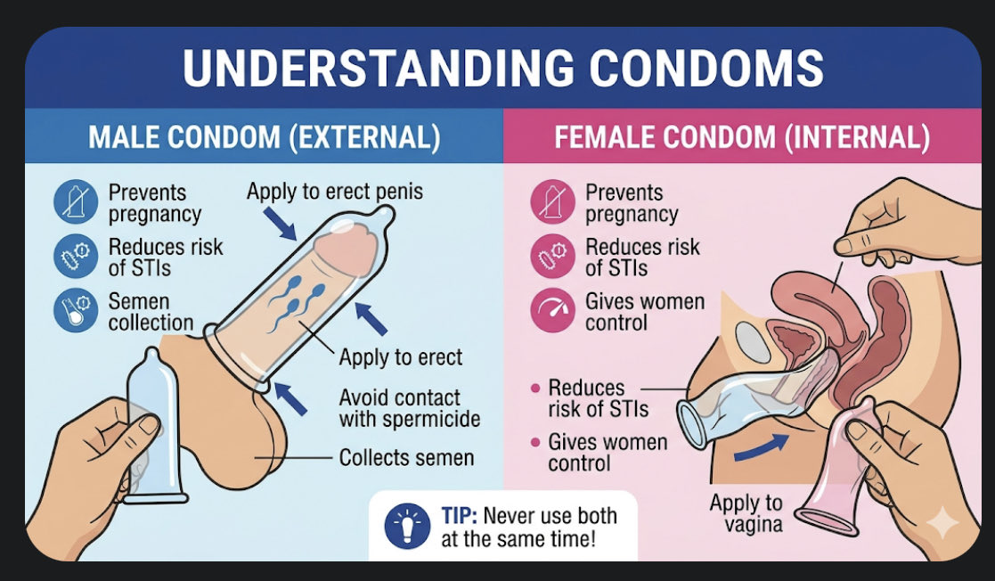 Male vs Female condoms : quick, clear and no confusion 👇🏽

Male (external) condom: worn on the penis 🍆, ~98% effective (perfect use), affordable 💸, easy to find 🛒, and protects well against STIs (including HIV) 🛡️

Female (internal) condom: worn inside the vagina (or anus) 🌸,