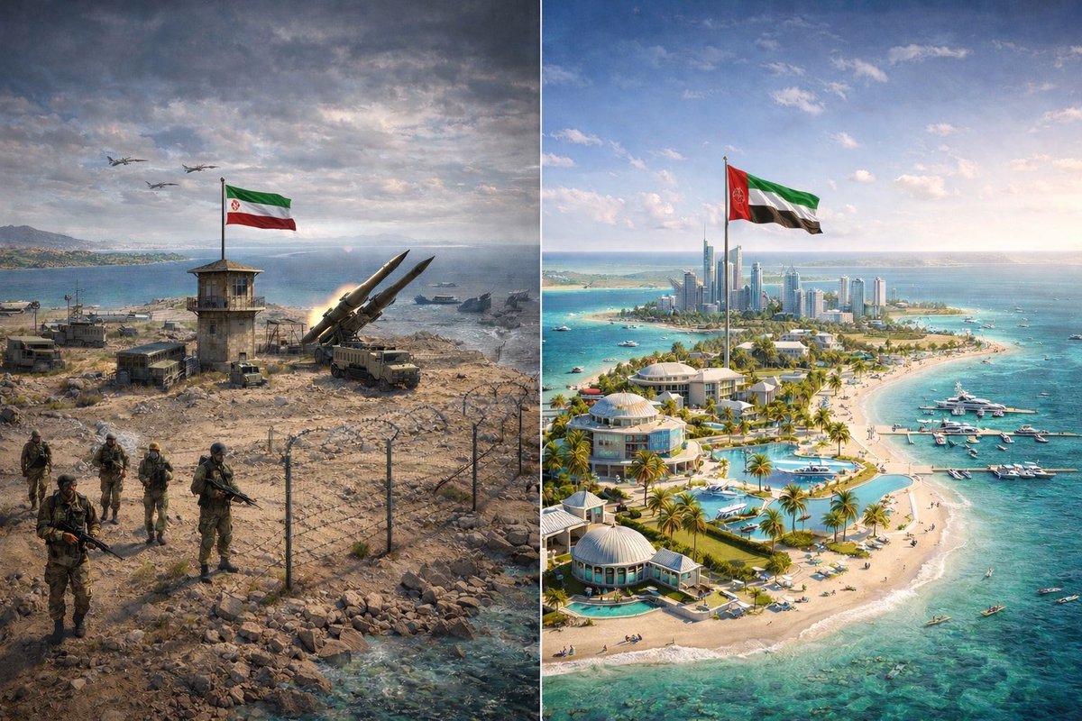 الصورة تختصر الفرق بين نهجين في المنطقة:
نهج يحوّل الجزر إلى قواعد صواريخ وثكنات عسكرية، ونهج يحوّلها إلى مدن سياحية مزدهرة يقصدها العالم.

هكذا الفرق بين من يستثمر في السلاح… ومن يستثمر في الإنسان والتنمية.

ولو عادت جزر الإمارات المحتلة قرب مضيق هرمز لأصحابها، لرأى العالم كيف