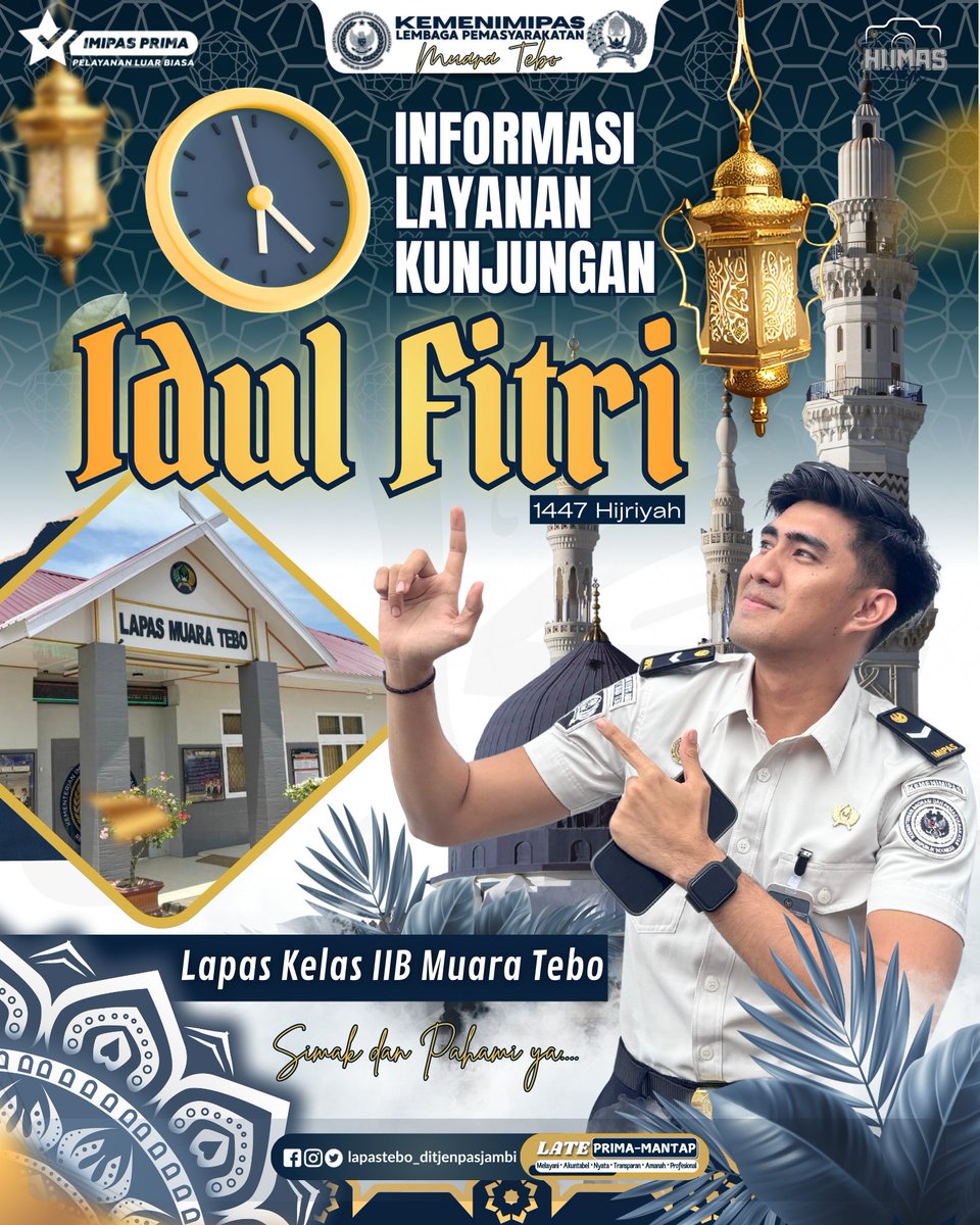 lapas_tebo's tweet image. Yang ditunggu-tunggu akhirnya tiba! 😍

Dalam rangka menyambut Hari Raya Idulfitri 1447 H, Lapas Kelas IIB Muara Tebo membuka layanan kunjungan Lebaran Idul Fitri bagi keluarga Warga Binaan.
Selengkapnya di: instagram.com/p/DWBbO6wEhkP/…
#KemenimipasRI
#Guardandguide
#Infoimipas