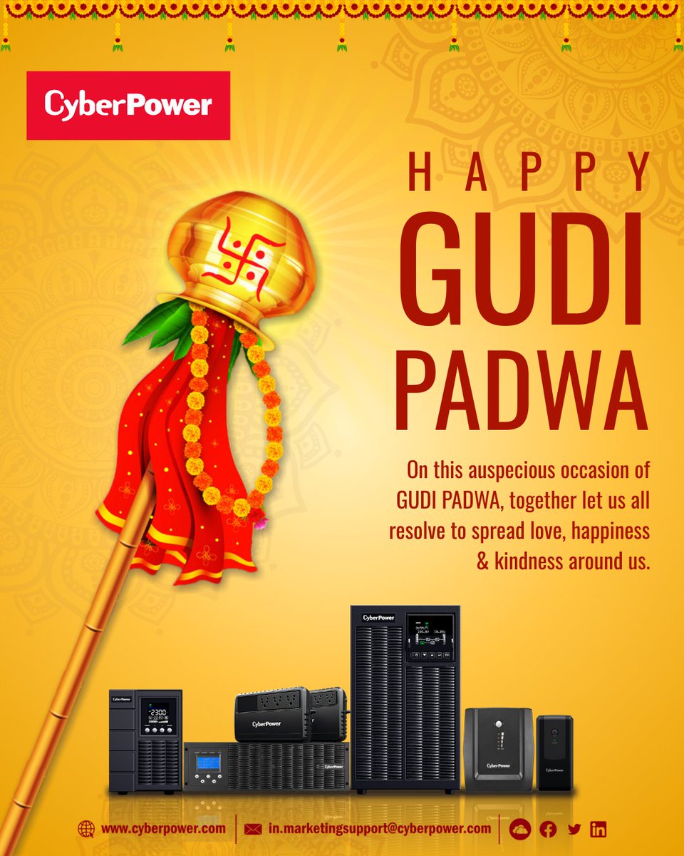 CyberPowerIndia's tweet photo. CyberPower wishes a Happy Gudi Padwa!

On this auspicious occasion of Gudi Padwa, together let us all resolve to spread love, happiness and kindness around us.

#GudiPadwa2026 #PowerBackup #EnergySavingSolutions #UninterruptiblePowerSupply #ReliablePowerSolutions #StayPowered https://t.co/x6PjwoaO8e