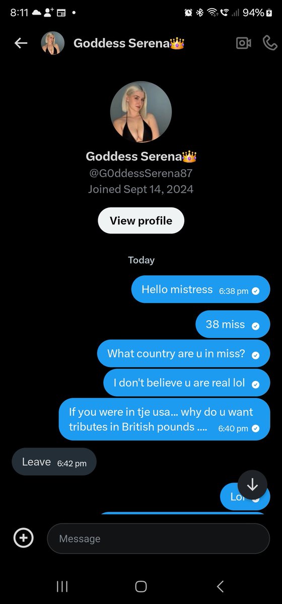 fakedomhunter's tweet photo. This one looks established, however, an amarican dom, living in the usa, asking for tributes in British pounds. As u can see " it " deleted messages, abd blocked me when called out haha. https://t.co/P3S98Om64w