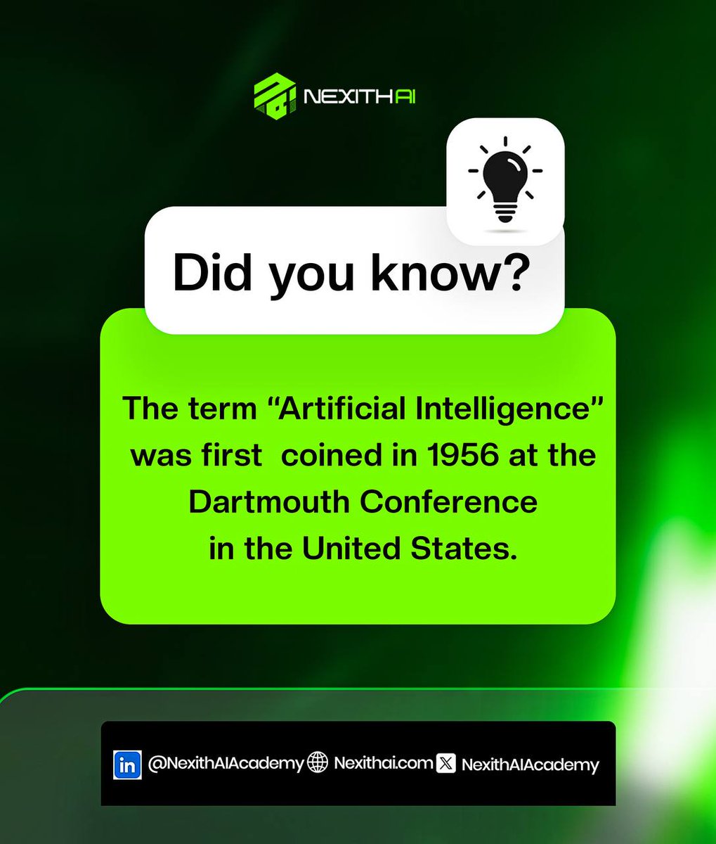 NexithAIAcademy's tweet photo. The term "Artificial Intelligence" was coined in 1956 at the Dartmouth Conference.

70 years later, it's rewriting every industry on the planet.

The future belongs to those who understand it. Start today.

#NexithAI #ArtificialIntelligence #AIAutomation https://t.co/QQqQbCiH35