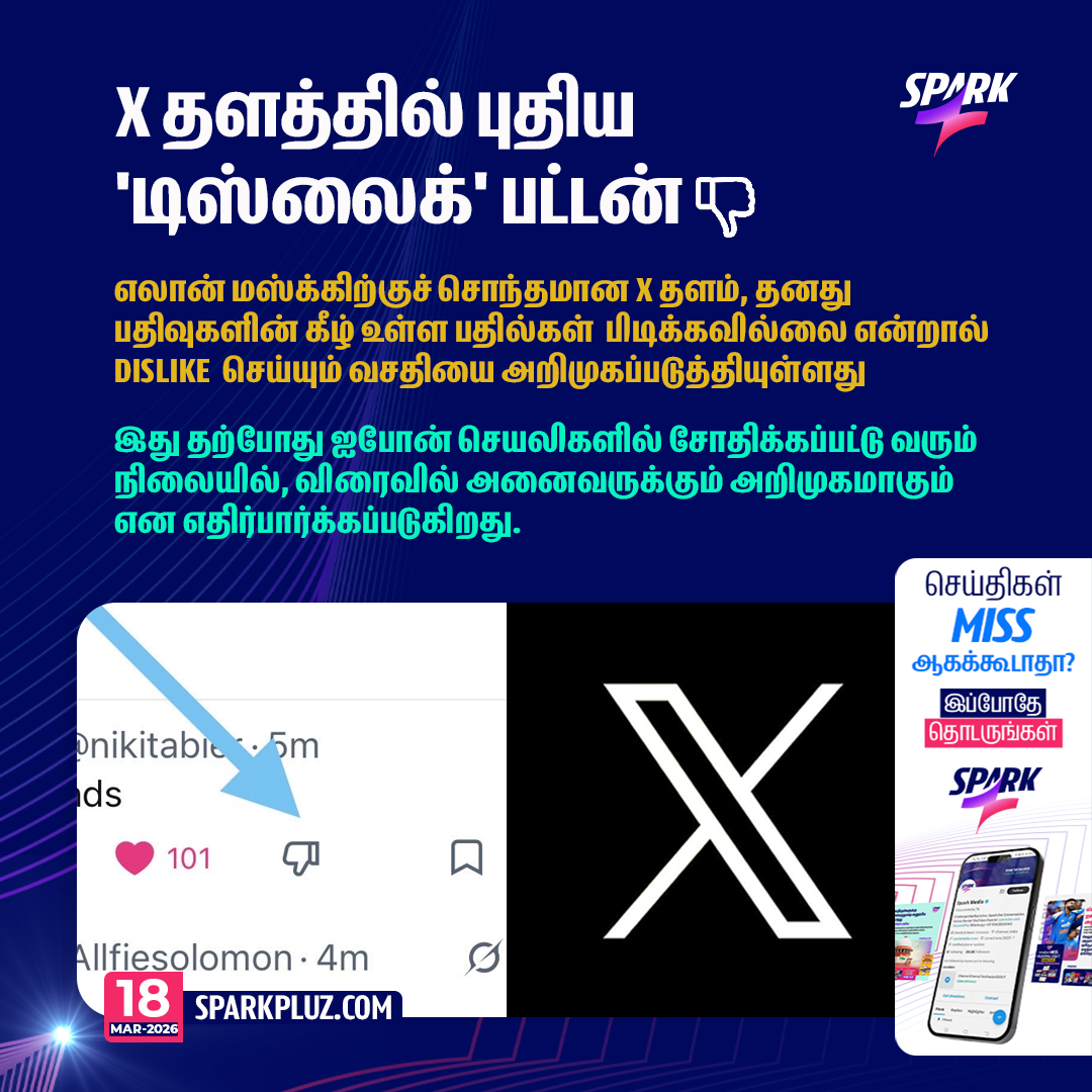 SparkPluz_'s tweet photo. X தளத்தில் புதிய 'டிஸ்லைக்' பட்டன் அறிமுகம்
#TwitterUpdate #XPlatform #Spark https://t.co/H6HKyZo7K1
