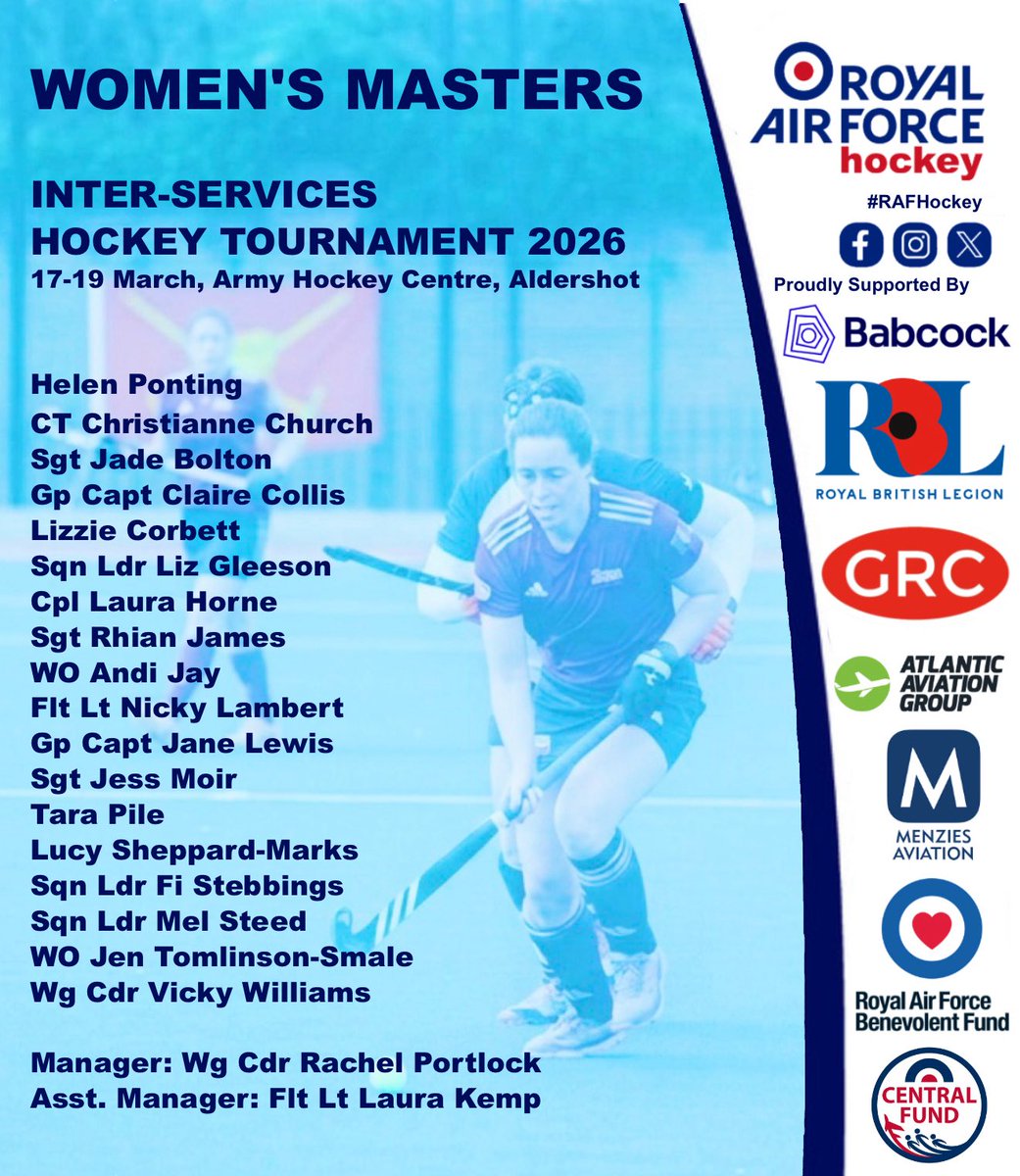 RAFHockey's tweet photo. RAF Hockey is pleased to announce the Men’s and Women's Masters Squads for the 2026 Inter-Services Hockey Tournament. They will begin the tournament on 18th March. Congratulations to everyone selected.
#RAFHockey #Hockey #RAF @RAFNews @rafsporthq https://t.co/cV39rfNF0I