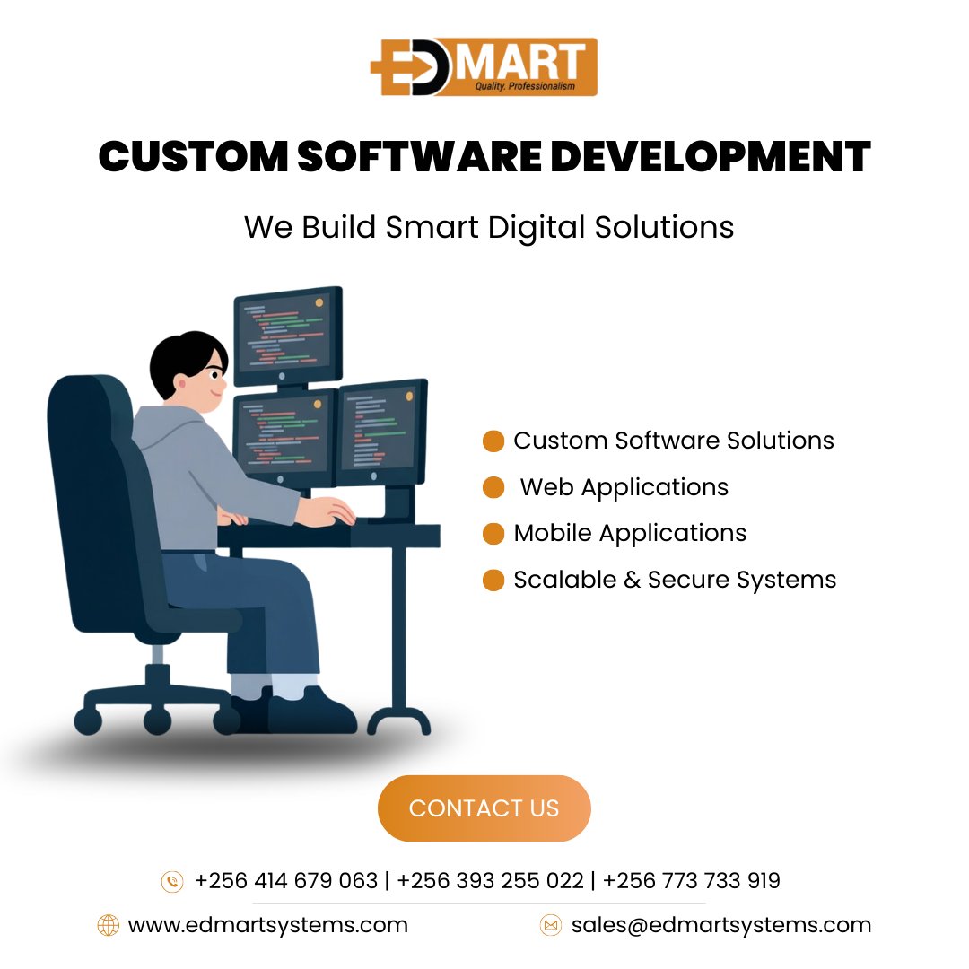 EdmartSystems's tweet photo. Build smarter digital solutions for your business with custom software development. 💻🚀 Edmart Systems creates tailored software designed to streamline operations, improve efficiency, and support your business growth.

From powerful web applications to scalable and secure mobile solutions, we develop systems that meet your unique business needs.

Get in touch with us:
🌐 https://t.co/sObAWmKulh
📧 sales@edmartsystems.com
📞 +256 414 679 063 | +256 393 255 022 | +256 773 733 919