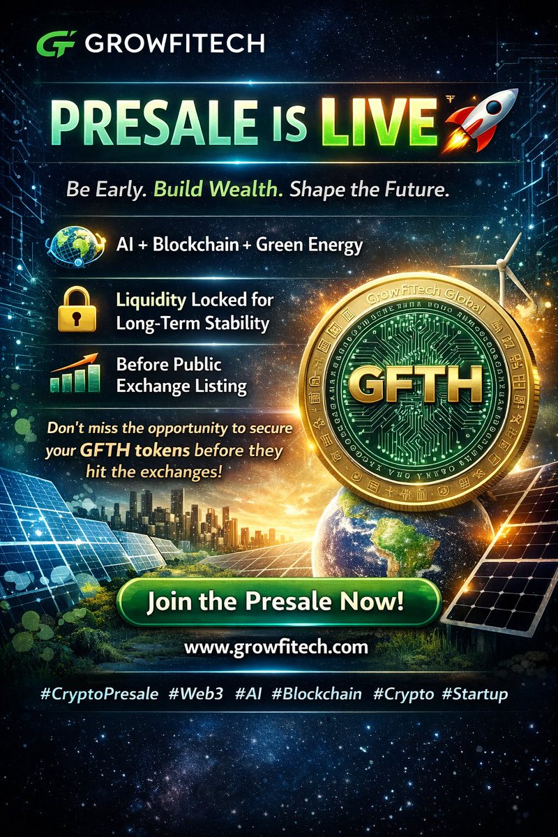 GrowfTech's tweet photo. 🚀 Growfitech Presale is LIVE

AI 🤖 • Blockchain 🔗 • Green Energy 🌱

💎 Early access before listing
🔒 Liquidity locked
⏳ Limited allocation
Be early. Be ahead.
👉 https://t.co/HSqnrGaDod

#Crypto #Web3 #Blockchain #AI #Presale https://t.co/zBemBf3Ger