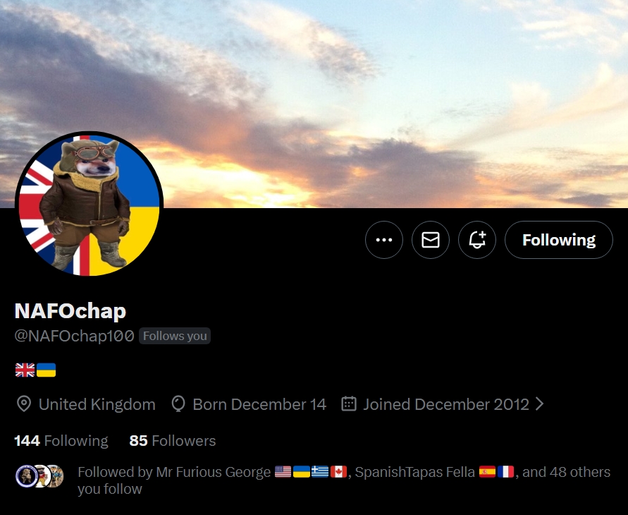 Fellas, can we boost <a href="/NAFOchap100/">NAFOchap</a>? 

Thank you 🫡💙💛

#WeAreNAFO
#NAFOExpansionIsNonNegotiable