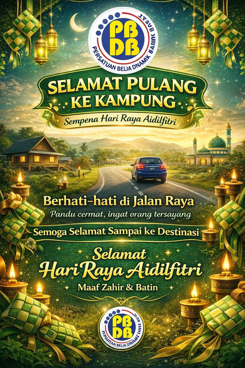 pbdbs's tweet photo. Selamat Pulang Ke Kampung halaman.. 
Namun ingat, keselamatan tetap utama.
Rehat secukupnya, fokus di jalan raya,
Pandu dengan cermat, biar selamat sampai ke desa.
Selamat pulang ke kampung &amp; Selamat Hari Raya! 🏡🌙
PBDB 
#WORLDREADY 
#YAKINBOLEH https://t.co/id6wSFAalQ