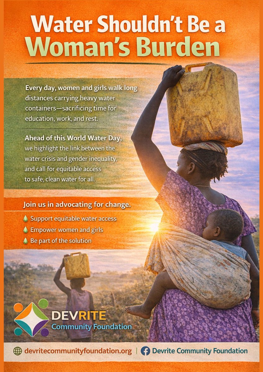 devriteCF's tweet photo. Unsafe water deepens inequality. Women and girls carry the heaviest burden of water access. 

It’s time for change; equal access to water is essential for dignity, opportunity, and health.

#WorldWaterDay #GenderEquality #WaterForAll #EndWaterBurden #Africa https://t.co/hFwe4VatX9
