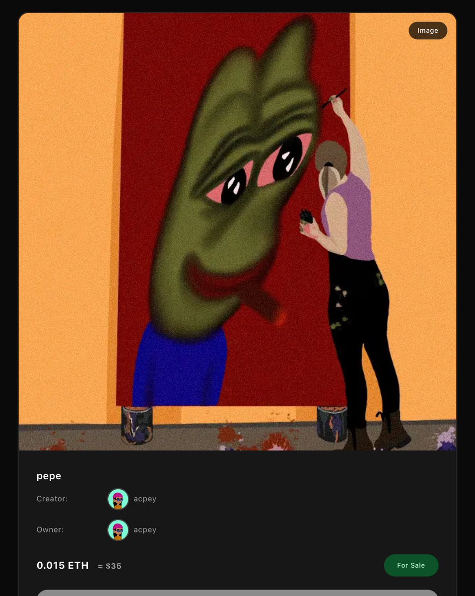 my pepe art.

always liked Pepe the Frog culture and wanted to make something from it.

made it after work and it’s beautiful.

now live on <a href="/chonkly_gallery/">chonklyart</a> 

chonkly.com/profile/0x42e9…

btw, great time to be part of the world’s finest gallery (chonkly).💗