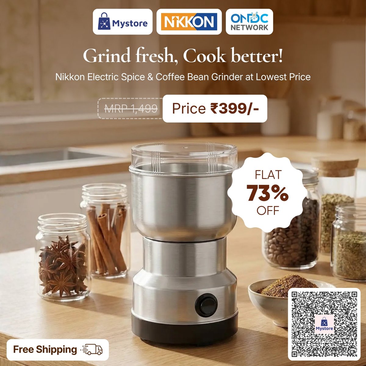 mystoreforindia's tweet image. Grind fresh, cook better 🌶️ 

Grab Nikkon Spices &amp;amp; Coffee Grinder at Just ₹399 + FREE Shipping on @mystoreforindia + @ONDC_Official  🚚
Hurry! Add to cart and get an extra ₹10 coupon! 🎉 Shop Now! 🛒

Link: shorturl.at/joyAN

#mystore #ondcnetwork #KitchenEssentials