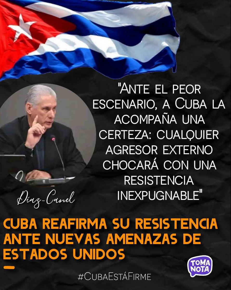 ‼️El presidente <a href="/DiazCanelB/">Miguel Díaz-Canel Bermúdez</a> reafirmó que #Cuba no cederá ante las amenazas de Estados Unidos, cuyo gobierno intensifica su hostilidad y pretende justificar su agresión con los efectos del propio bloqueo.

Así las cosas... #CubaEstáFirme