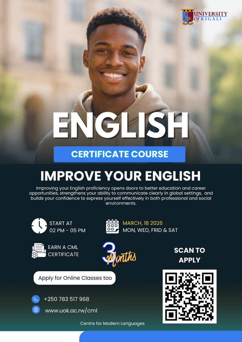UnivOfKigali's tweet image. Join the English Certificate Course at University of Kigali and gain the confidence to express yourself clearly in academic, professional, and social settings.

Take the step toward better opportunities, scan the QR code and apply today! 

@DrWasajja 

#uok #applytoday #CML