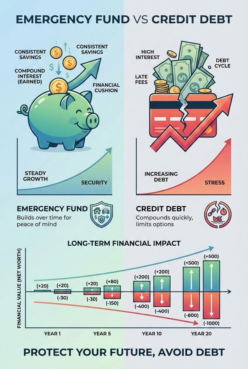 TechnoFunda6's tweet image. An emergency fund builds security, while credit debt builds stress. 💰

Save consistently, avoid high-interest debt, and protect your financial future.

Like &amp;amp; share to spread learning. 📚

#FinancialPlanning #MoneyManagement #FinancialFreedom #Investing 🚀