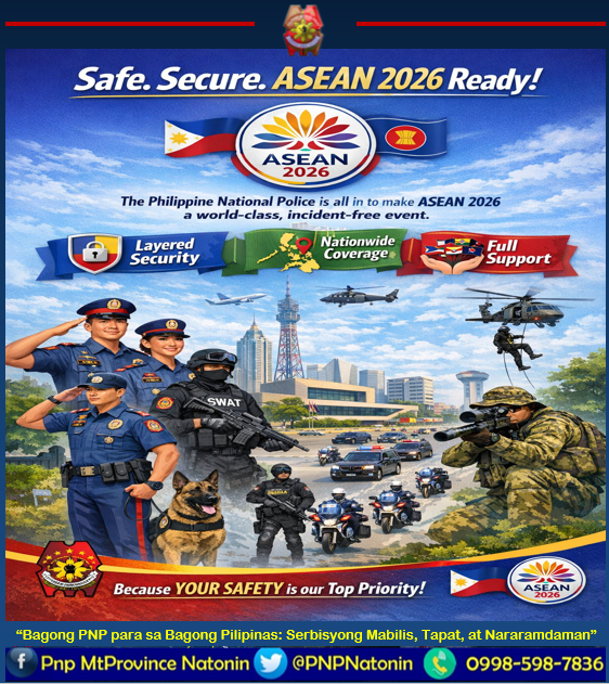 PNPNatonin's tweet photo. Safe. Secure. ASEAN 2026 Ready! 
The Philippine National Police is all in to make ASEAN 2026 a world-class, incident-free event. Layered security, nationwide coverage, and full support—because your safety is our top priority!

#BagongPNPparasabagongPilipinas
#ToServeandProtect https://t.co/qzMKhvSB3y