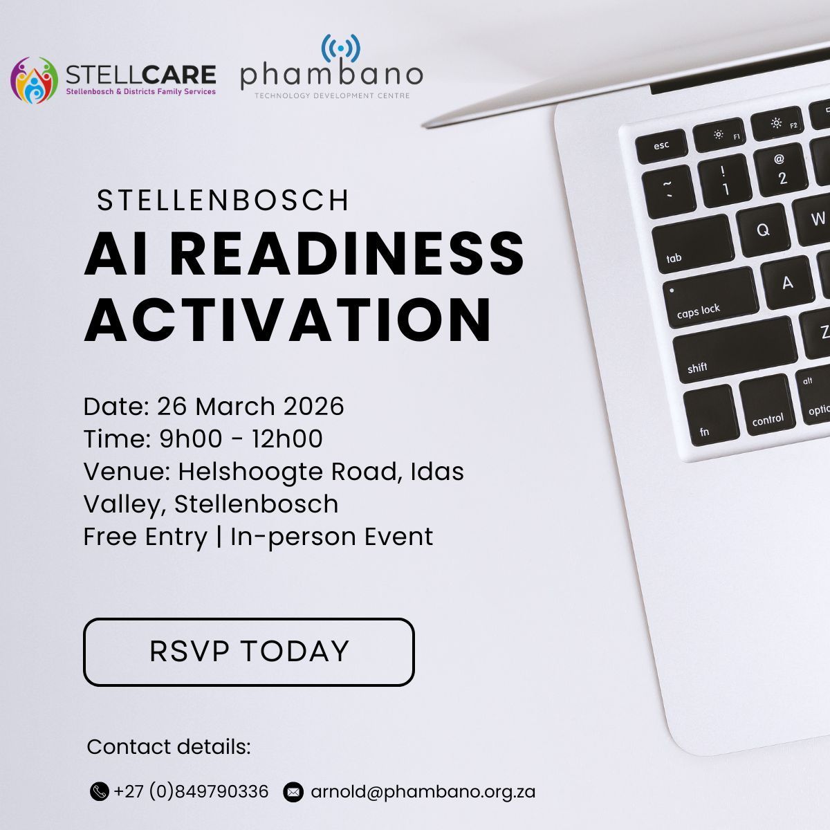 Stellenbosch Nonprofits! 🤖
🔥 Join our FREE AI Readiness Activation on 26 March, 09h00–12h00 at Helshoogte Road, Idas Valley, Stellenbosch, South Africa, 7600. 

📩 RSVP: buff.ly/qnKWN8Z Learn AI tools to save time + boost impact. 

👉 Reserve your spot today!