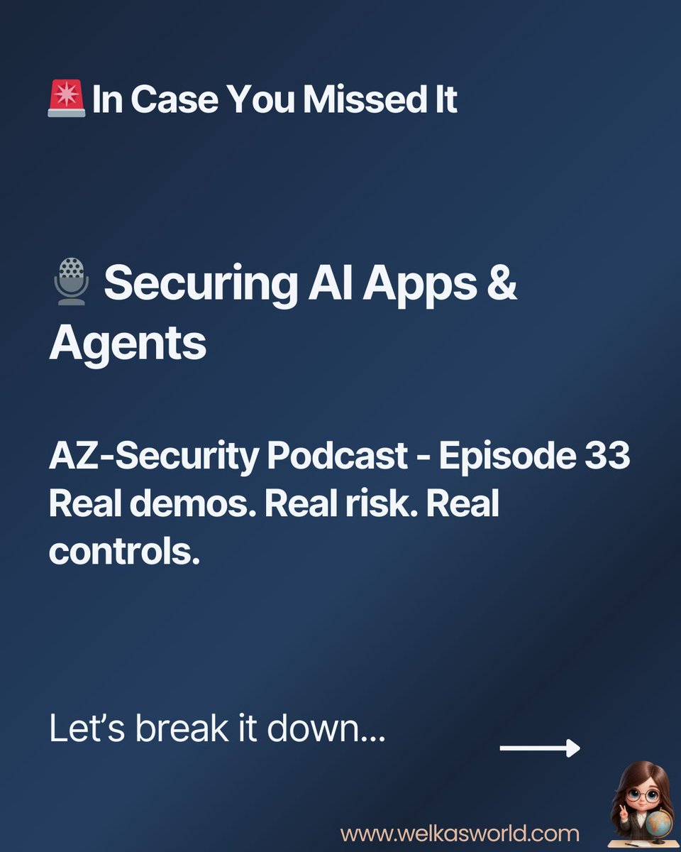 WelkasWorld's tweet photo. 🚨 ICYMI
I demoed how to secure AI apps &amp; agents across M365.
Data exfiltration despite DLP. User-built agents. Hidden AI risks in self-service apps.
Safe AI adoption needs guardrails early. 
No theory - just real config.

https://t.co/ne9IxEQUfY

#AISecurity #Purview #ShadowAI https://t.co/3ursw1Fvoj