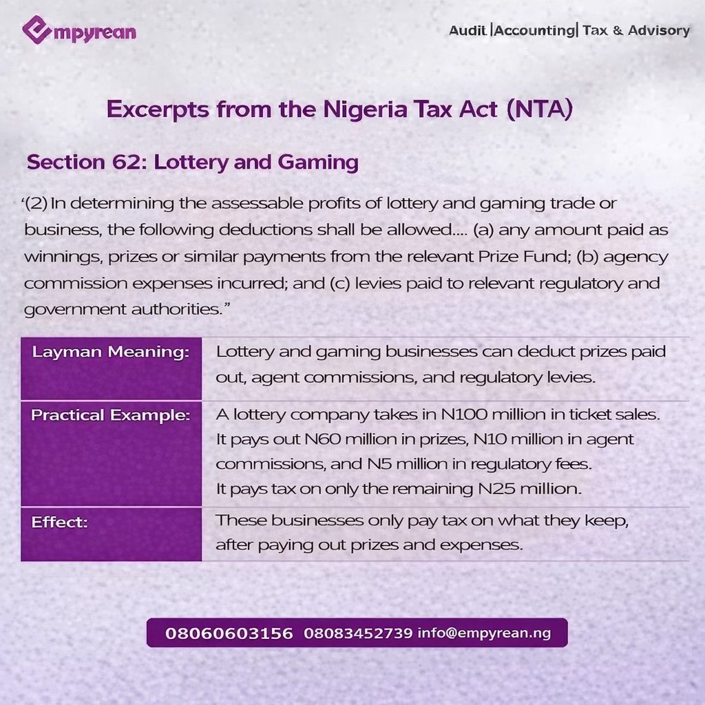 Section 62: Lottery and Gaming

"(2) In determining the assessable profits of lottery and gaming trade or business, the following deductions shall be allowed... (a) any amount paid as winnings, prizes or similar payments from the relevant Prize Fund;