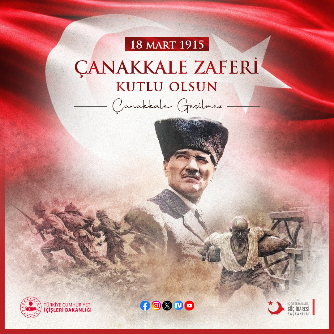 Çanakkale Geçilmez! 

18 Mart Çanakkale Zaferimiz Kutlu Olsun.

Milletimizin bağımsızlık uğruna verdiği eşsiz mücadelenin simgesi olan 18 Mart Şehitleri Anma Günü ve Çanakkale Deniz Zaferi'nin 111. yıl dönümünde; başta Gazi Mustafa Kemal Atatürk ve silah arkadaşları olmak üzere
