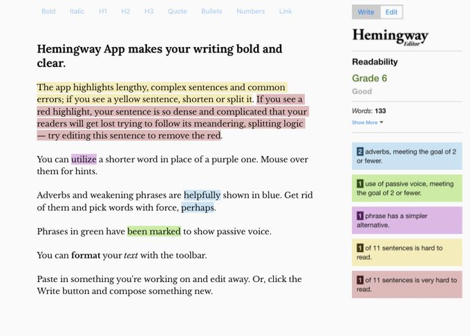 📌موقع رهيب للتصحيح اللغوي,بعد ان تنسخ النص وتلصقه يعطيك عدة الوان، كل لون من الألوان يعبر عن شيء مختلف، اذا ضغطت على اي كلمة ملونة يصححها لك او يعطيك البديل الافضل، وبعد أن تعدل على كل الالوان سوف يكون النص صحيح بنسبة كبيرة 
#البحث_العلمي #ماجستير 
👇🏻

hemingwayapp.com