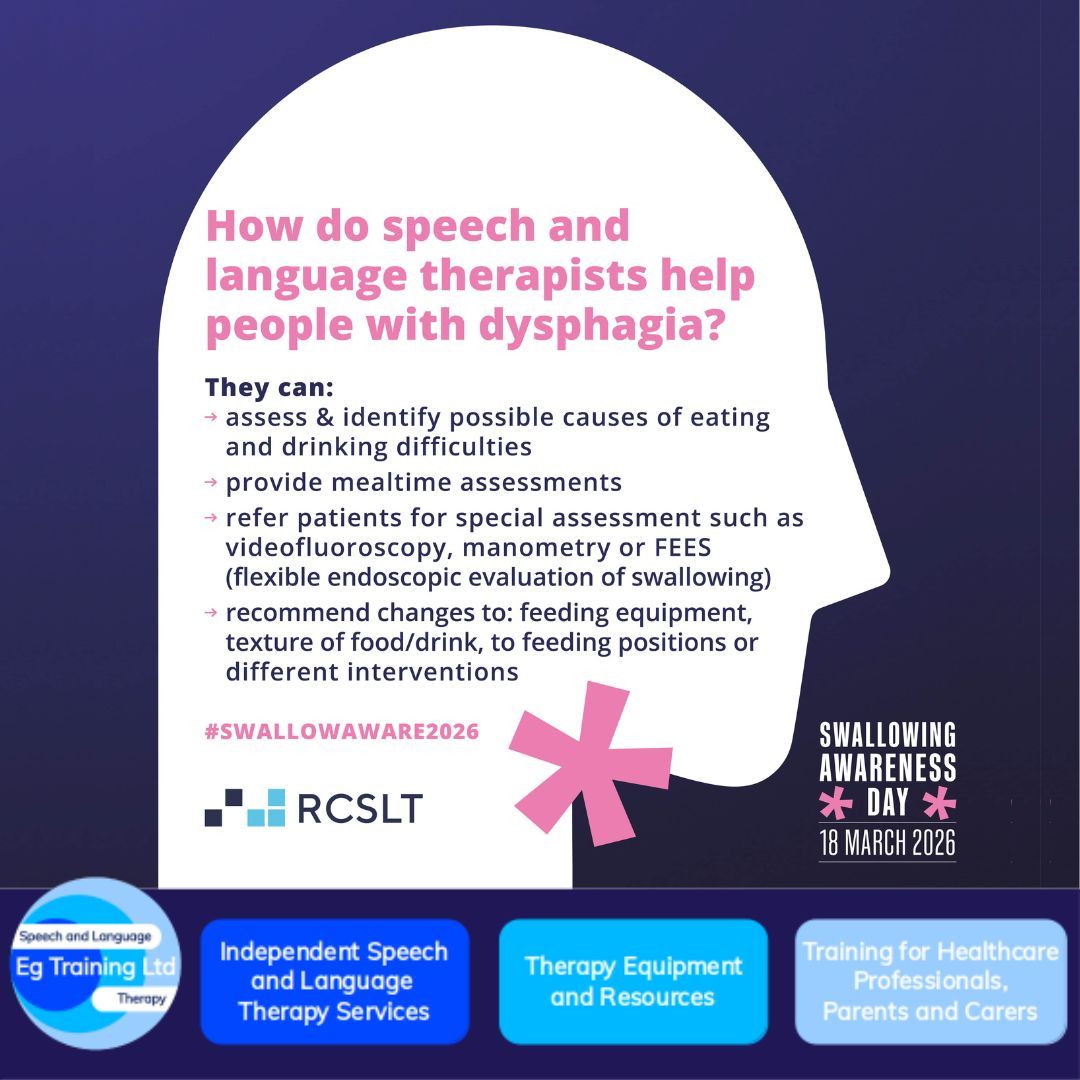 EGTrainingLtd's tweet photo. Today is #SwallowingAwarenessDay which is a time to raise awareness of how #speechandlanguage therapists help people living with #eating, #drinking and #swallowing difficulties.  Visit the @RCSLT website to find out more: https://t.co/5kzEsMTM4l

#SwallowAware2026 #SLT #dysphagia https://t.co/VOx7sCjUjK