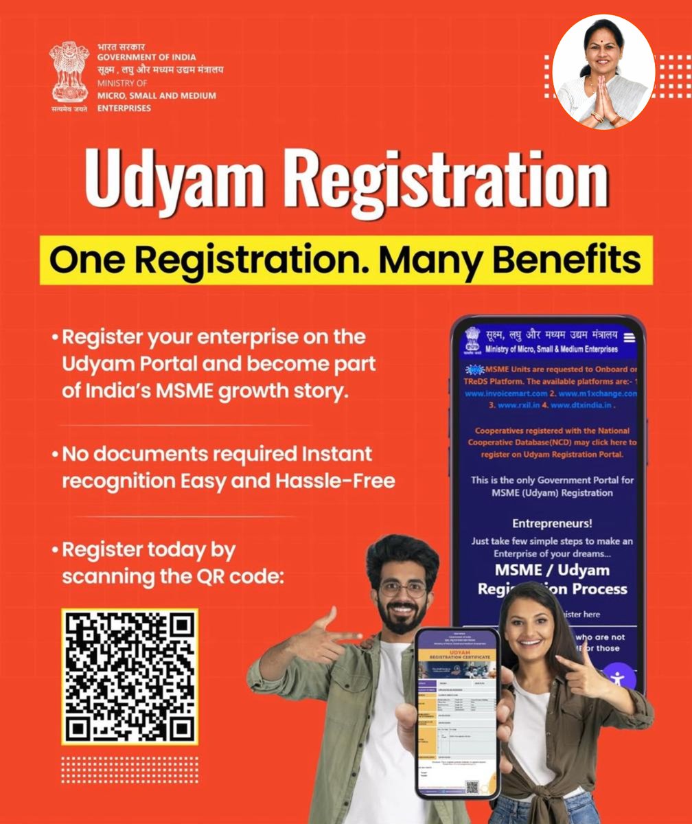ShobhaBJP's tweet photo. MSME's are the backbone of our nation’s economy and a key driver of growth and innovation.

Through Udyam Registration, entrepreneurs can easily register their enterprises and gain instant recognition along with access to multiple government benefits.

Register today on the Udyam Portal and become a part of Bharat’s growing MSME ecosystem.

#UdyamRegistration 
#ViksitBharat 
@minmsme