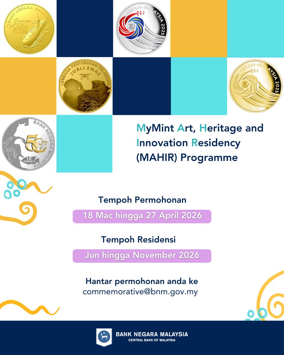BNM_official's tweet photo. Seruan kepada semua pereka di Malaysia!

Program Residensi MAHIR menawarkan peluang enam bulan untuk meneroka idea baharu dalam reka bentuk syiling bersama pakar reka bentuk MyMint. Alami sendiri proses penempaan dan sumbangkan kreativiti kepada warisan numismatik negara.
 
Hantar resume dan portfolio anda ke commemorative@bnm.gov.my sebelum 27 April 2026 dan ketahui lebih lanjut mengenai program di https://t.co/yl1541GCsl.
__

Calling all Malaysian designers!

The MAHIR Residency Programme offers a six month opportunity to explore innovative approaches to coin design alongside MyMint’s design experts. Gain hands on experience with the full minting process and help shape Malaysia’s numismatic legacy.

Submit your application and resume by 27 April 2026 at commemorative@bnm.gov.my and learn more about the programme at https://t.co/yl1541GCsl.