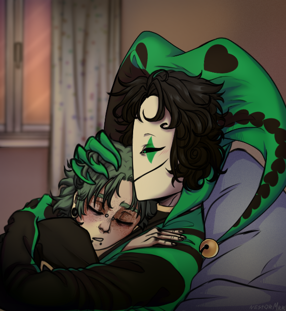 -After all, it's not for nothing that green is your favorite color.~  

While some kind of hell is going on, I wanted to draw the warmest art with Harlequin :___з

#thefreakcircus #Harlequin #tfcfanart #tfcharlequin #selfship #oc