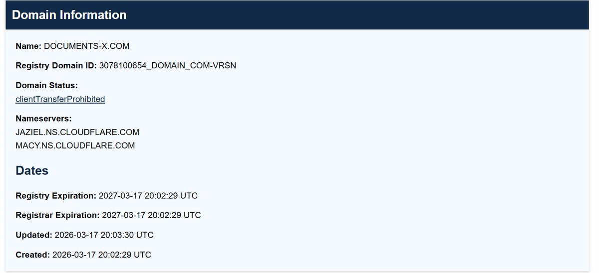 RpcpPowers's tweet photo. @RealJamesWoods @grok Not only is the domain fake, it was created specifically to commit fraud - Created: yesterday, 2026-03-17. https://t.co/PIh97CwknF