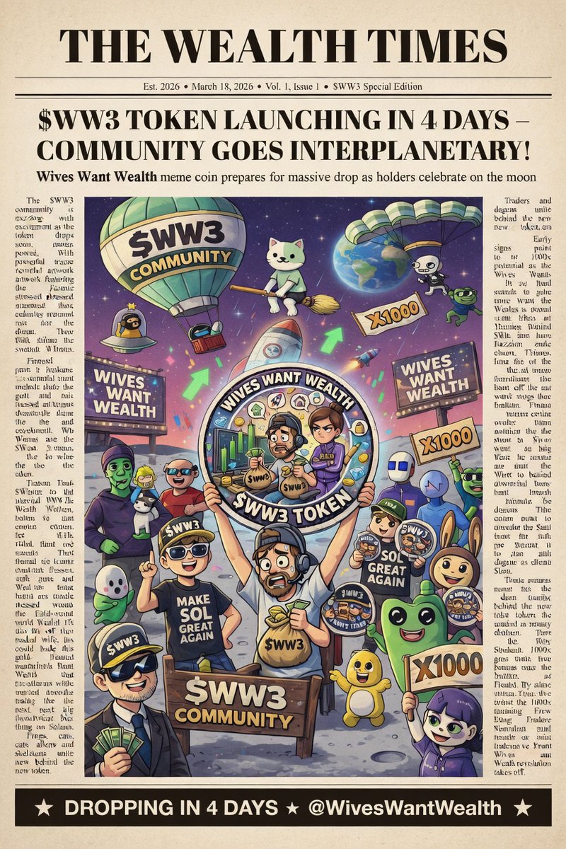WivesWantWealth's tweet photo. 📰THE WEALTH TIMES JUST DROPPED THE FRONT PAGE $WW3 TOKEN LAUNCHING IN 4 DAYS!  COMMUNITY GOES INTERPLANETARY 📰
🌎The $WW3 army is growing massive and unstoppable.  Sunday is going to be legendary.  Are you ready? Drop a 🚀 below if you’re joining the mission!  @WivesWantWealth 

#WivesWantWealth #WW3 #WW3Token #Solana #ToTheMoon #DroppingIn4Days #Memecoin #CryptoGem #SolanaMemes #CryptoCommunity #MemeCoinLaunch #X1000 #MoonMission #CommunityStrong #CryptoHype #SolanaEcosystem #WealthCreation #CryptoLife #HODL #DeFi #NFT #TokenLaunch #ViralCrypto #Interplanetary #SundayLaunch #CryptoNews
