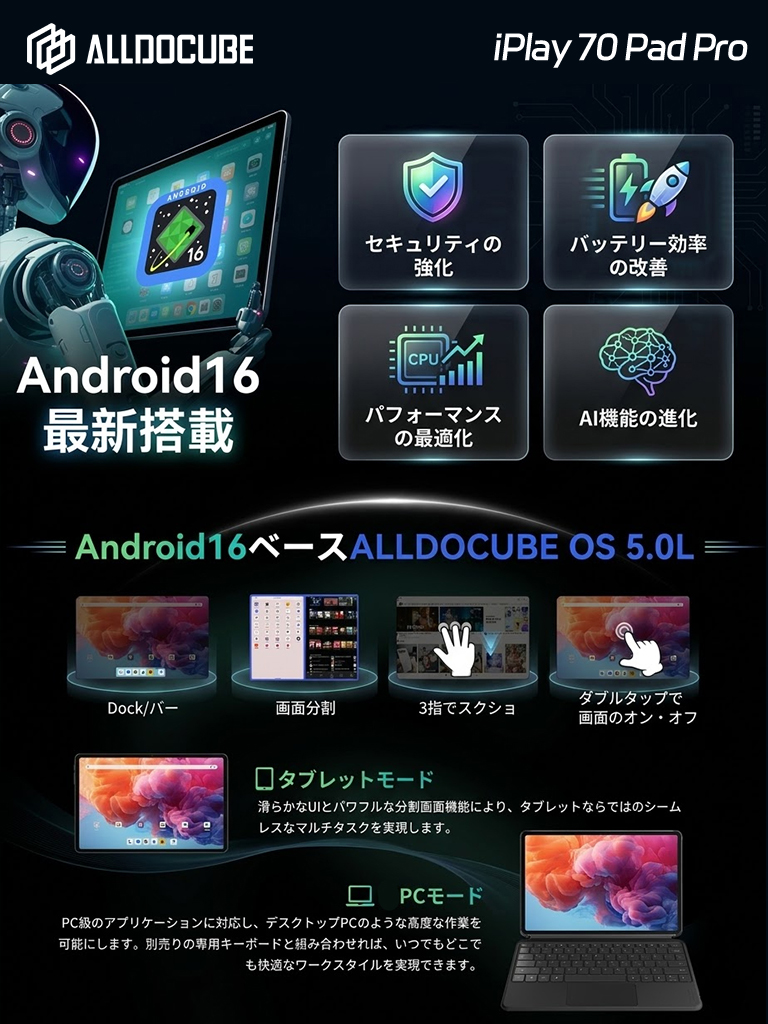 AlldocubeJapan's tweet image. タブレットなのに、ちょっとPCっぽい 🖥

Android 16 × ALLDOCUBE OS 5.0L
マルチタスク、ジェスチャー操作、さらにPCモードにも対応。

「使いやすさ」が一段とアップしました。

#ALLDOCUBE #iPlay70PadPro #タブレット #Android16