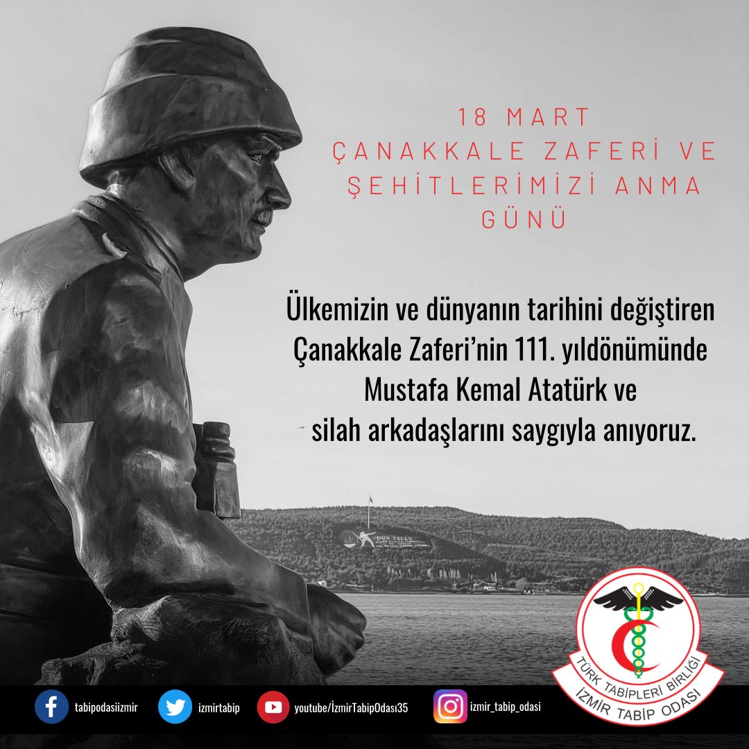 izmirtabip's tweet photo. Ülkemizin ve dünyanın tarihini değiştiren
Çanakkale Zaferi’nin 111. yıldönümünde
Mustafa Kemal Atatürk ve silah arkadaşlarını saygıyla anıyoruz.
#18MartÇanakkaleZaferi https://t.co/dNRConhHBI