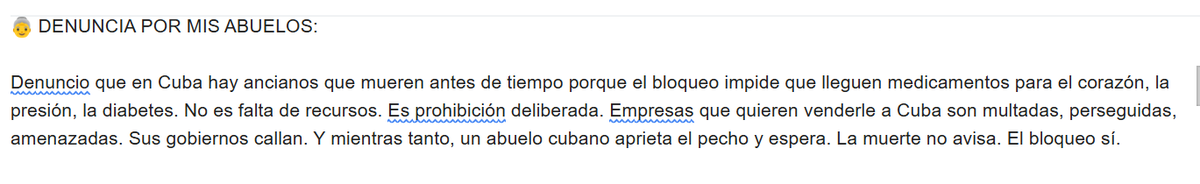 rosamariaartal's tweet photo. Se está difundiendo por redes la carta que se dice de una actriz cubana, Ikay Romay. Un verdadero grito sobre lo que está pasando en Cuba. "Lo que hoy vive mi pueblo no es una crisis. Es un asesinato lento, calculado, fríamente ejecutado desde Washington".#ElBloqueoMata https://t.co/HsRVcqd3Dv