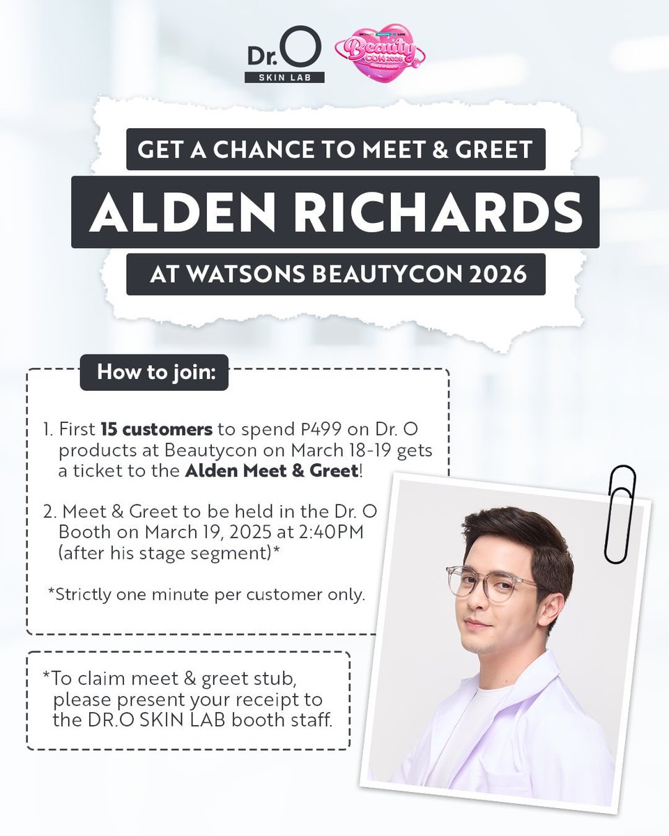 AldenTrendsOFC's tweet photo. Ready to meet our KING of BRANDS and the NEWEST face of Dr. O Skinlab? 😍😍😍

Catch ALDEN RICHARDS at Watsons Beautycon tomorrow!

Check out the artcard for the mechanics! 😉

@aldenrichards02 
#ALDENxDrOSkinlab
#ALDENRichards https://t.co/Lto3mAnT5d