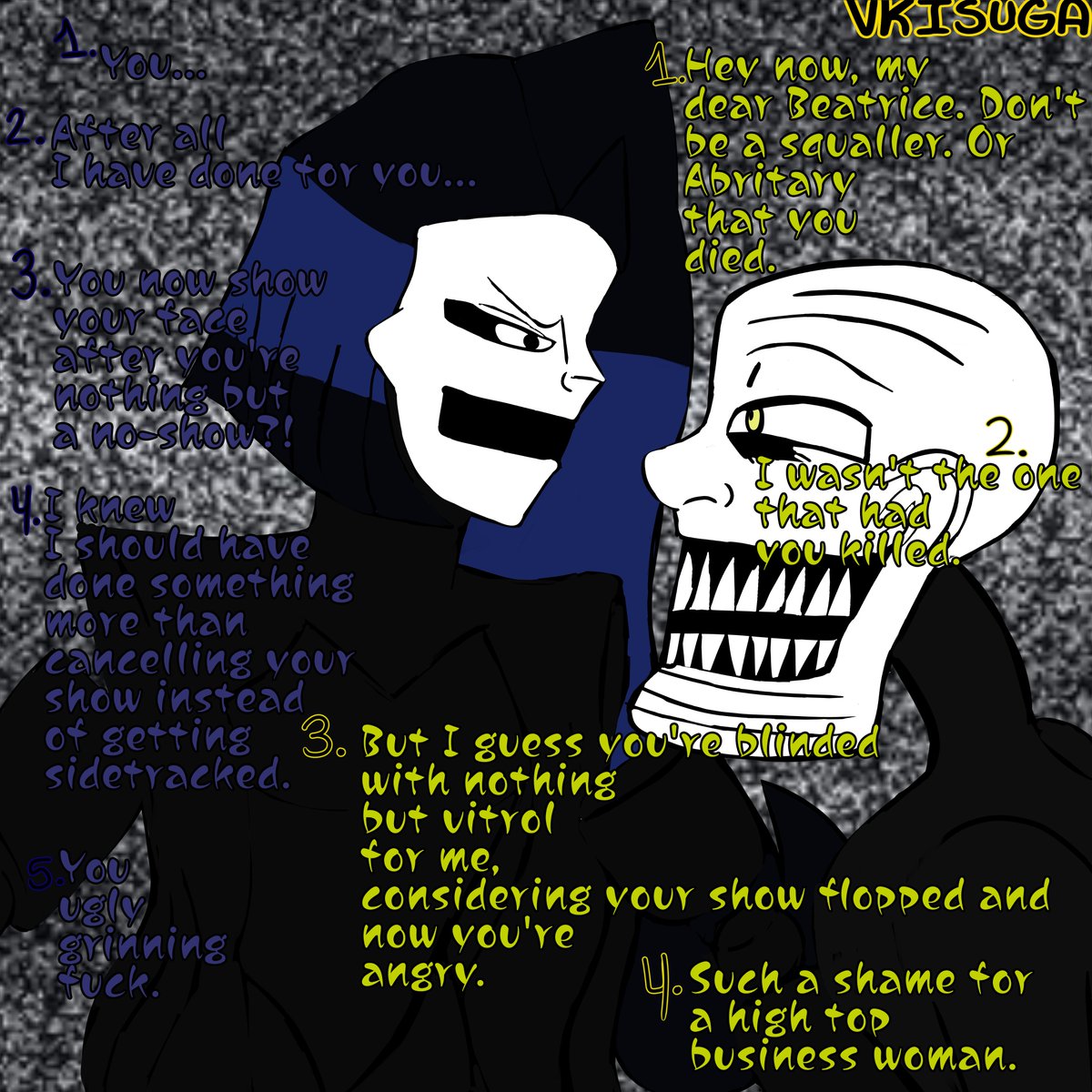 VKisuga's tweet photo. Beatrice sure has some mouth to talk down to Legion, but Legion sure ain't too of a pushback /silly

#trollge #ocart https://t.co/XzSpbPPRlK