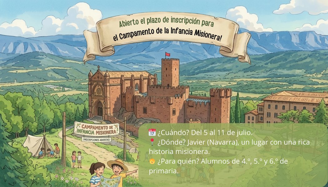 ¡Atención, familias! 📢 Ya están abiertas las inscripciones para el Campamento de Infancia Misionera 2026 🏕️✨

Una oportunidad única para que los más pequeños vivan un verano de amistad, juegos y espíritu misionero en Javier🌍🙏

👇 Toda la info aquí: 
infanciamisionera.es/campamento-mis…
