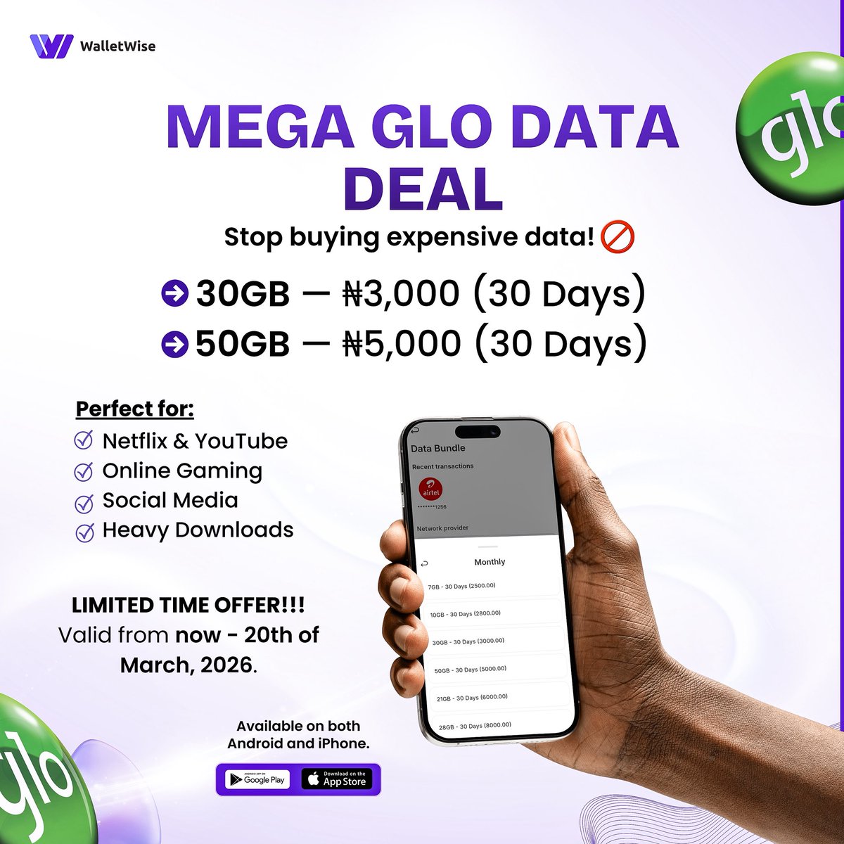 walletwiseng's tweet photo. Stop overpaying for GLO data ❌
Get more for less with our MEGA GLO DATA DEAL.
Stream, scroll, game, and download without worrying about running out.
But hurry… it’s a limited-time offer.
#walletwise #glo #walletwiseng #fintech #techcompany https://t.co/NBjmOF1uqj