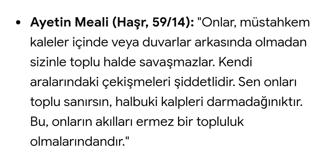 En ufak bir endişe ve korkuda çil yavrusu gibi dağılırlar. Kuran'da da: "sen onları birlik içinde sanarsin ama onlarin kalpleri paramparcadir" diyor. Ne beni nadr ne hayber ehli müslümanlar ile meydan savaşı yapmaya cesaret edemedi.