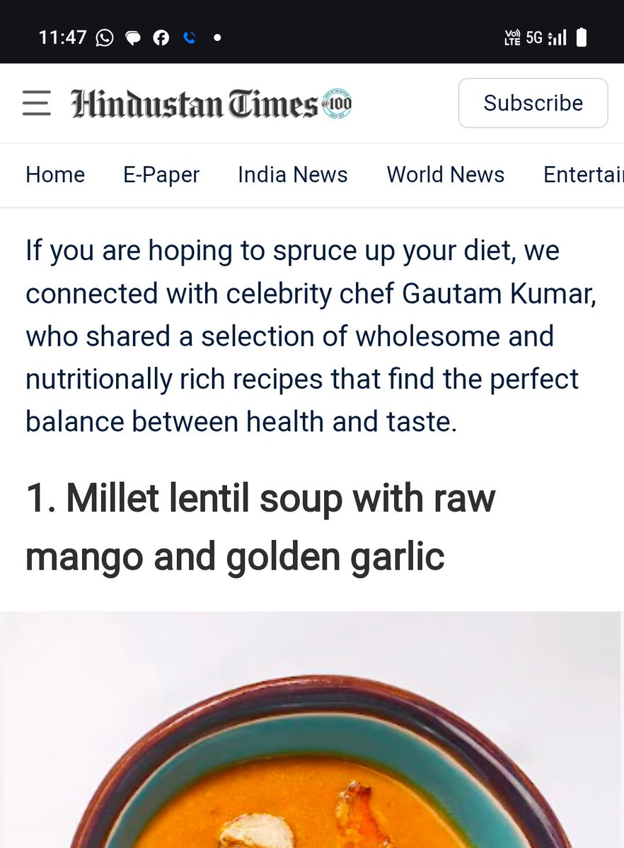 chefgautamkumar's tweet photo. Millets have now become an important part of our daily food.
Loved sharing the recipe with @hindustantimes to create this simple and nutritious Millet lentil Soup with Raw mango and Golden Garlic.
 A perfect dish.
#MilletSoup #Millet #MilletRecipe #hindustantimes #chefgautamkumar https://t.co/7V0UYu75qI