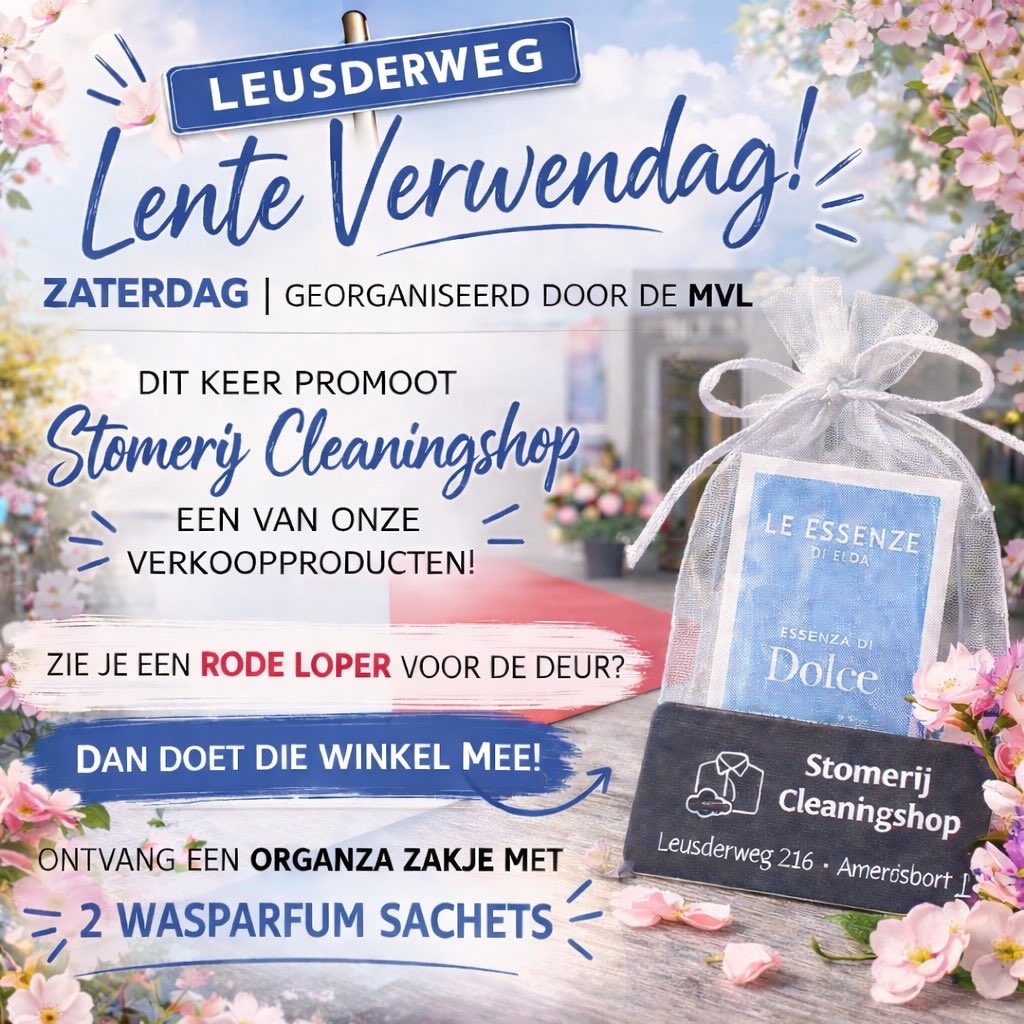 🌷 Lente Verwendag op de Leusderweg!

Kom zaterdag langs en ontvang een organza zakje met 2 wasparfum sachets bij deelnemende winkels (rode loper = meedoen).

Ontdek onze luxe Italiaanse wasparfum 🇮🇹✨

#leusderweg #amersfoort #wasparfum #shoplokaal