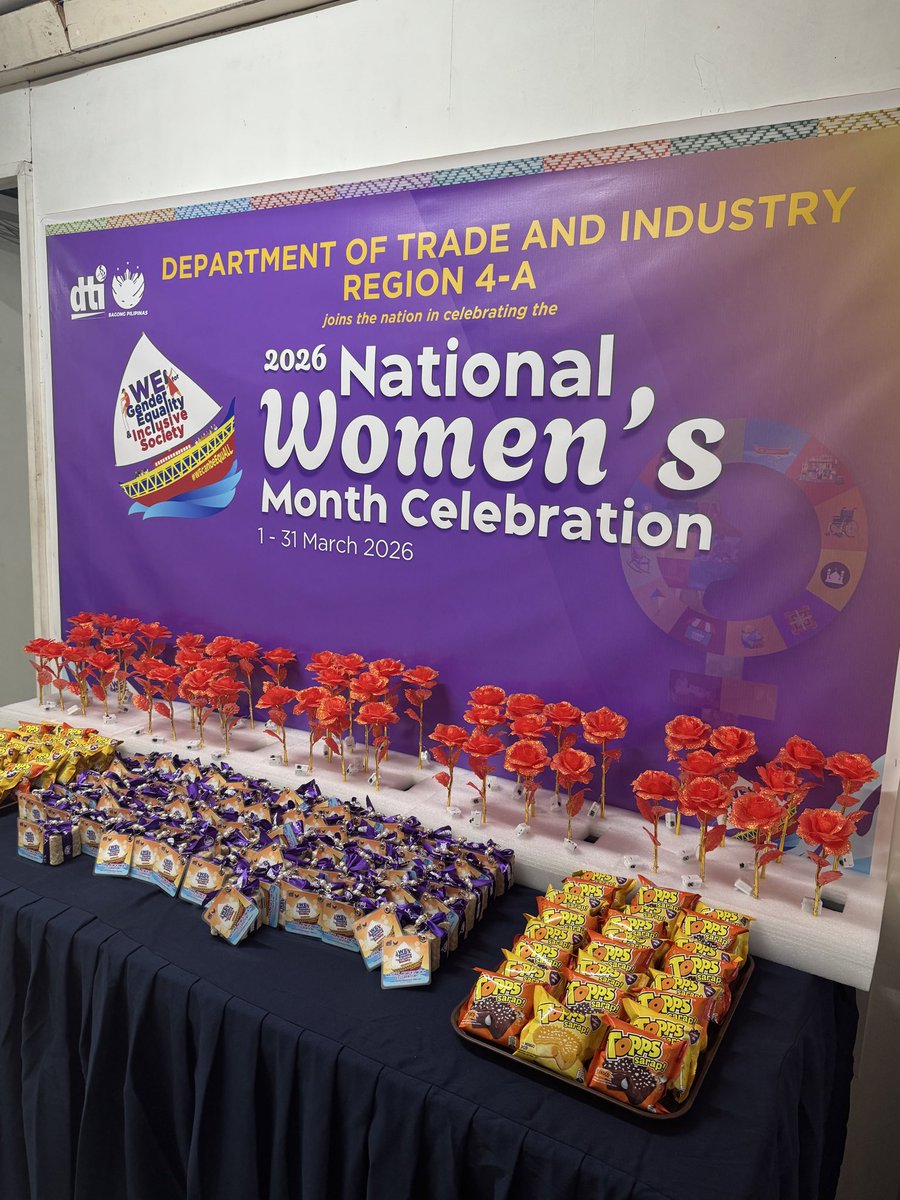 dticalabarzon's tweet photo. Purple for power, purpose, and progress 💜

The DTI 4-A marks the 2026 National Women’s Month by spreading smiles and appreciation—through flowers, cupcakes, juice, and chocolates for our amazing employees. Celebrating every woman who inspires change every day!

#iamDTIph #dti4a https://t.co/eXt19HE49x