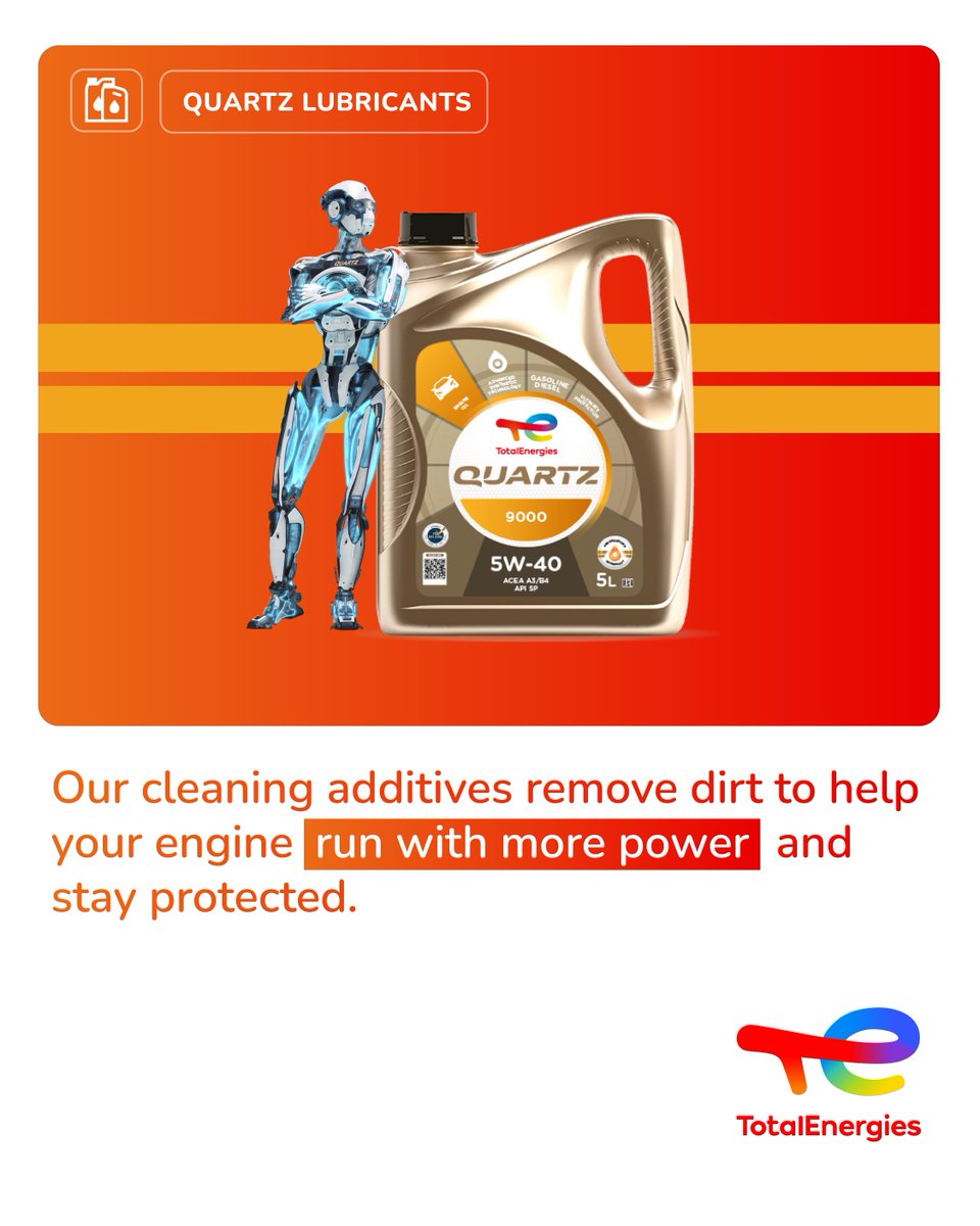 TotalEnergiesMW's tweet image. 🚗✨ Ignite your engine's power with Quartz 9000 5W-40! Keep it clean and protected! #EngineCare #PerformanceBoost