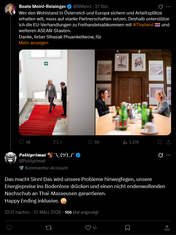 Politprimat's tweet image. Es hat ein wenig gedauert, aber nun ist es vollbracht.
Unsere blondeste Außenministerin aller Zeiten hat mich blockiert! #MeinlReisinger 
In Sachen #Meinungsfreiheit sind die #NEOS grüner als die Grünen.