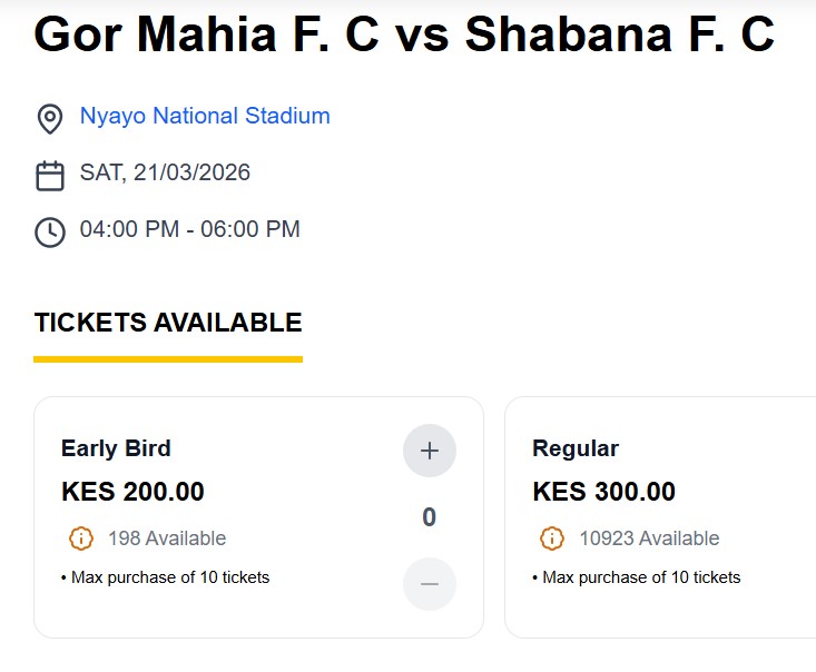 🟢 | TICKETS

The 200 bob Early Bird tickets offer expires in 40 mins, after that, price goes up to the standard 300 bob.

Just 198 tickets are left, buy yours at - langopass.com 

Or dial *265*25#

#Sirkal | #SportPesaNaGor