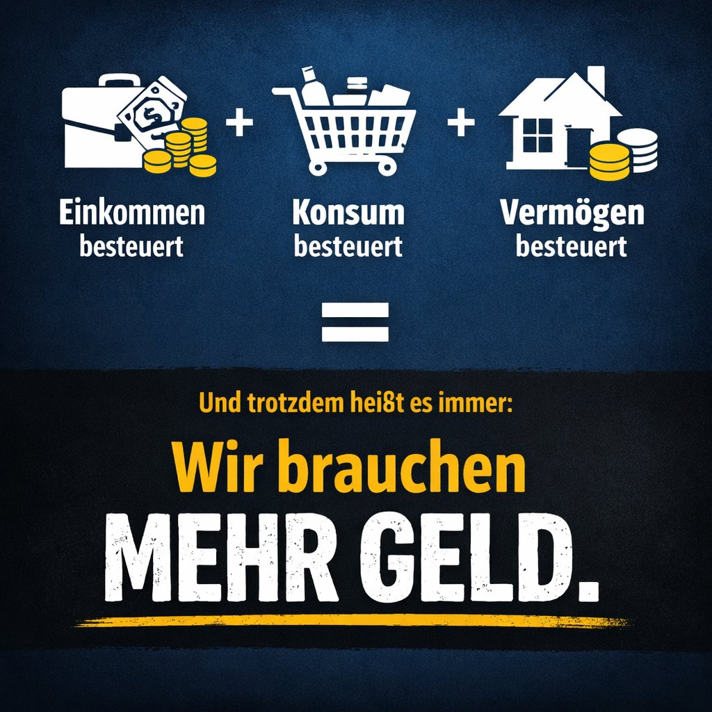 VolkerPetzer's tweet photo. • Dein Einkommen wird besteuert.
• Dein Konsum wird besteuert.
• Dein Vermögen wird besteuert.

Und trotzdem ist die Standardantwort auf jedes Problem:
„Wir brauchen mehr Geld.“

Man muss nicht mal ideologisch sein, um sich zu fragen:
Reicht es vielleicht irgendwann auch mal?