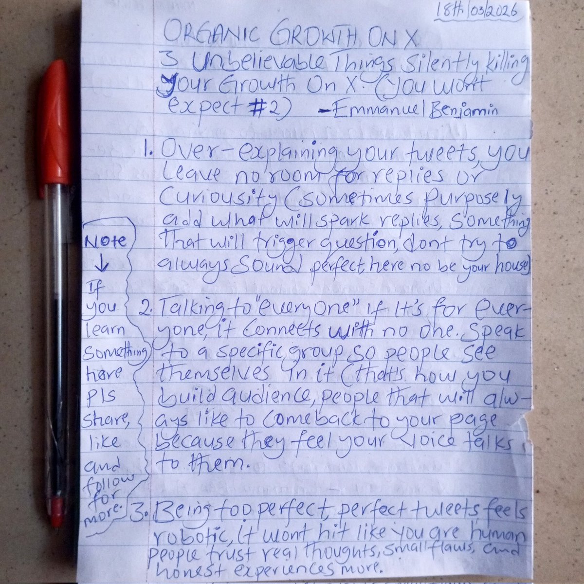 Emmanue42696164's tweet image. Under 1K followers? 3 terrible things are silently killing your X growth…
Most people completely ignore No. 2 👀

I broke it down as simple as ABC so u can actually fix it.
Ignore the handwriting,focus on d message 😁

Found it helpful? Share so others can benefit too.
#Xgrowth