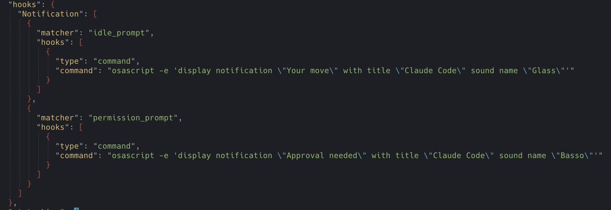 More automation in Claude Code means less time staring at the terminal.
Add these hooks to ~/.claude/settings.json so you know when your input is needed — Glass sound for "idle_prompt", Basso for "permission_prompt".