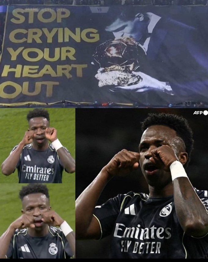 Manchester City fans brought a banner to the stadium to try and get to vini Jnr’s head and troll him. Vini Jnr responded by scoring two goals at Etihad and now they’re coming at him. Lmao retarded fans