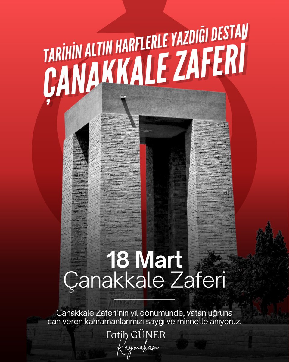 18 Mart Çanakkale Zaferi ve Şehitleri Anma Günü Mesajı🇹🇷

Aziz milletimizin bağımsızlık uğruna sergilediği eşsiz kahramanlığın destanı olan Çanakkale Zaferi’nin yıl dönümünde, başta Gazi Mustafa Kemal Atatürk olmak üzere tüm kahramanlarımızı rahmet, minnet ve saygıyla anıyoruz.