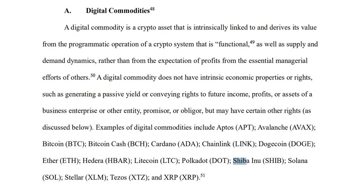 U.S. Regulators, the SEC and CFTC, Declare #ShibaInu a Digital Commodity.

Shiba Inu now holds the same regulatory status as Bitcoin, Ethereum, and XRP.

The SEC framework prioritizes utility and function over speculation, indicating that digital commodities derive value from